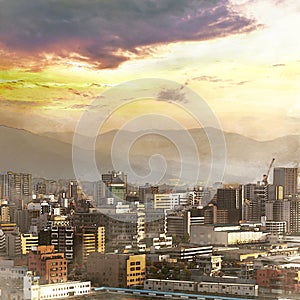 Golden summer light sunset skyline. with a view of fukuoka downtown city cityscape, Fukuoka, Japan with artistic technical effect