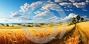 Golden Summer Splendor: Panoramic View of Ripe Wheat Fields, Spacious Hilly Landscape, and Blue Sky on Warm Rural Day