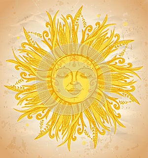 Golden sun art graphic symbol, hand drawn illustration