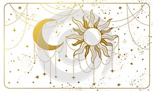 Golden sun and ornate crescent moon on a white background. Magic banner for astrology, tarot, divination, magic. Divine