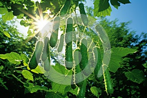 Golden sun rays beautifully illuminate ripe cucumbers