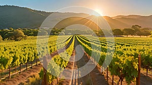 The golden sun sets behind rows of grapevines in a picturesque vineyard, creating a warm and peaceful ambiance, Sunrise casting