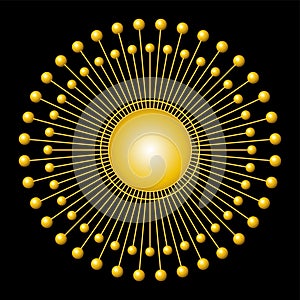 Golden sun symbol, solar disk with 72 rays of light, monstrance