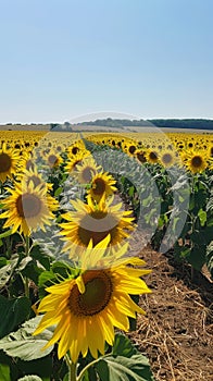 Golden sunflowers bask under a clear blue sky, their vibrant yellow petals and dark centers creating a lively pattern in