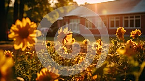 Golden Sunflowers In A Field Near A School Building At Sunset photo
