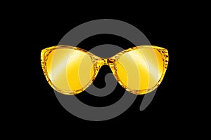 Golden sunglasses black background isolated close up, gold metallic sunglass, shiny yellow metal sun glasses, luxury accessory