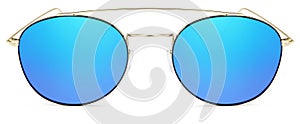 Golden sunglasses blue mirror lenses isolated on white