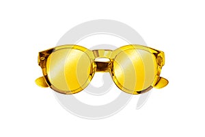 Golden sunglasses white background isolated close up, gold metallic sunglass, shiny yellow metal sun glasses, luxury accessory