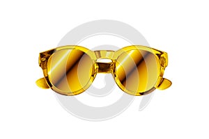 Golden sunglasses white background isolated close up, gold metallic sunglass, shiny yellow metal sun glasses, luxury accessory