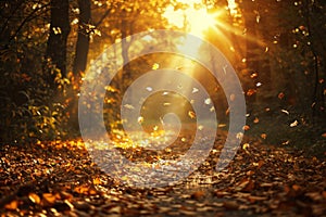 Golden Sunlight and Falling Leaves on Forest Path