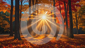 Golden Sunlight Illuminating a Serene Autumn Forest Path