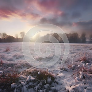 Golden Sunlight Over Snowy Fields with Pink-Tinged Clouds photo