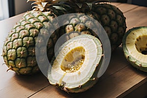 Golden sunlight reflecting off a ripening pineapple