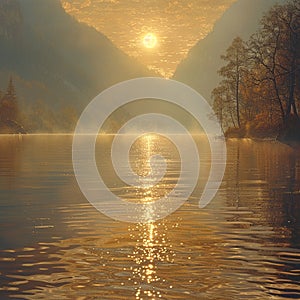 Golden sunlight on a tranquil lake