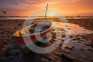 Golden sunrise illuminates a fishing boat against an arid backdrop