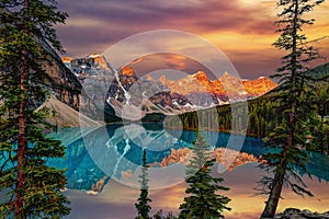 Golden Sunrise at Moraine Lake in Alberta, Canada