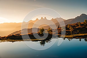 Golden sunrise over Arves massif with lonely tree relfection on Lac Guichard at French Alps