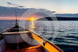 Golden Sunrise over Calm Sea: Sparkling Droplets on Fishing Boat - Close-Up Image