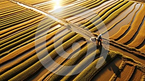 Golden Sunrise Over Eco-friendly Craftsmanship: Aerial Image Of Striped Rice Fields