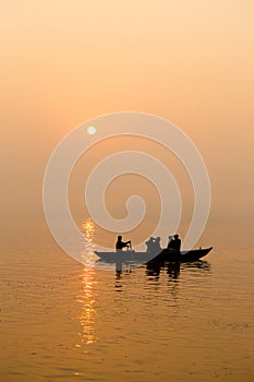 Sunrise on the river Ganges in Varanasi, India