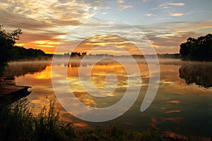 Golden sunrise on sky and in pond in summer morrning, Zizpasky pond