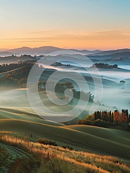 The golden sunrise spills over the lush Tuscan hills, highlighting the contours of the land enveloped in morning mist.
