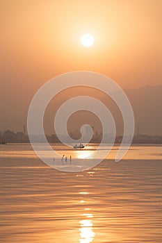 Golden sunset at Ana Sagar lake in Ajmer, India