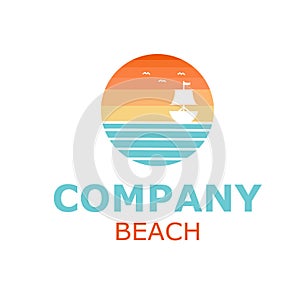 Golden Sunset Beach with boat logo design inspiration