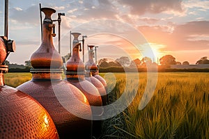 A golden sunset is casting a warm glow on distillery stills in a countryside field.