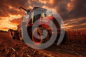 Golden sunset harvesting corn field with special machine amidst agricultural farm beauty