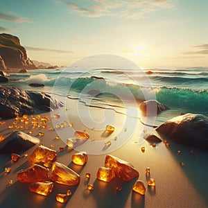 Golden sunset illuminates amber gemstones scattered along a serene beach coastline