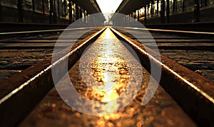 Sunset Reflections on Railway Tracks