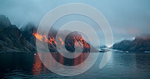 Golden sunset light on mountains, Scoresby Sund, Greenland photo