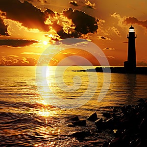 Golden sunset, lighthouse silhouette, tranquil sea, low angle, warm light , digital photography