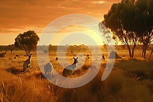 Golden sunset outback Australian landscape with kangaroos.