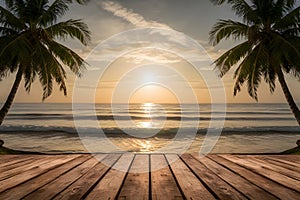 Golden sunset over calm waters, framed by palm trees, deck in foreground