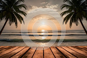 Golden sunset over calm waters, framed by palm trees, deck in foreground