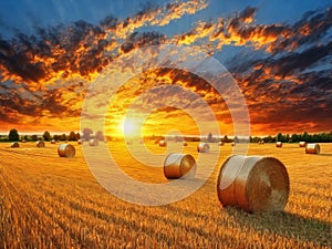 Golden sunset over farm field with hay bales, AI generated