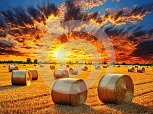 Golden sunset over farm field with hay bales, AI generated