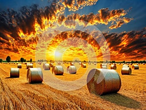 Golden sunset over farm field with hay bales, AI generated