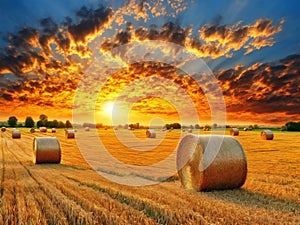 Golden sunset over farm field with hay bales, AI generated