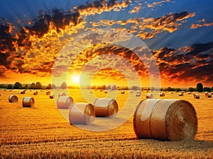 Golden sunset over farm field with hay bales, AI generated