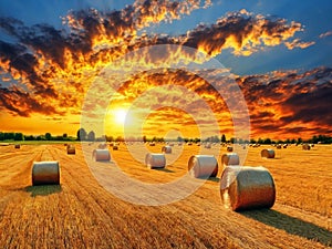 Golden sunset over farm field with hay bales, AI generated