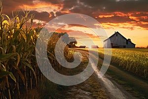 golden sunset over a freshly harvested cornfield