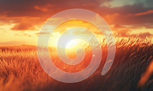 Golden sunset over grassy field with dramatic clouds and warm light