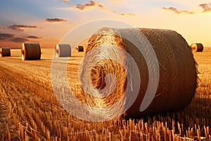 Golden Sunset Over Hay Bales in Harvested Field. Shavuot