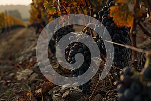 Golden sunset over lush vineyard with ripe grapes