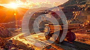 Golden sunset over a mining site with a large haul truck. Industrial landscape in warm light. Ideal for commercial use