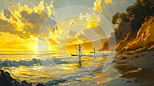 Golden sunset over the ocean. Two paddleboarders glide across calm waters. The sky is painted in warm hues, creating a photo