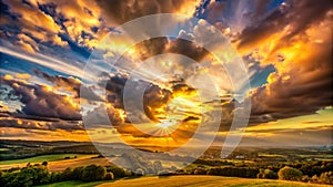 Golden Sunset Over Rolling Hills with Dramatic Clouds